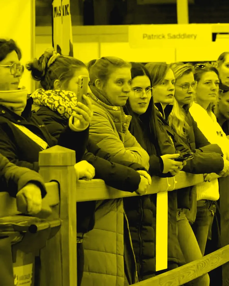 Saddle fitters lined up along the arena rail, watching a demo
